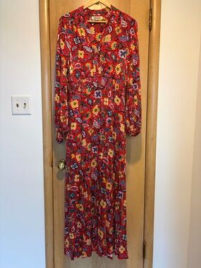 Boden Red Floral Paisley Long Sleeve Maxi Dress size 12 Long